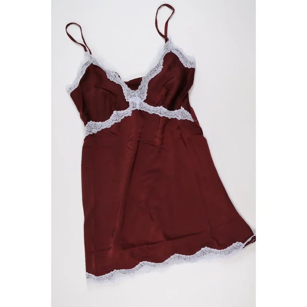 Overslept by Aerie Lace Trim Satin Chemise Nightgown Burgundy Red Small NWT